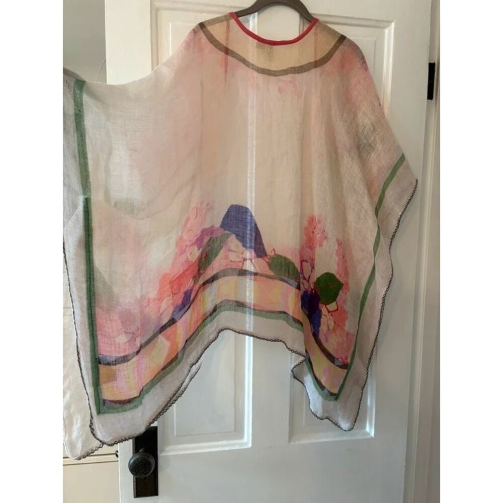 Gauzy 100% Linen Hand Painted-Style Kimono Shawl OS Floral Watercolor Light Pink - Picture 5 of 14
